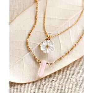 Luna Norte Blooming Crystal Layered Necklace Set Rose Quartz
